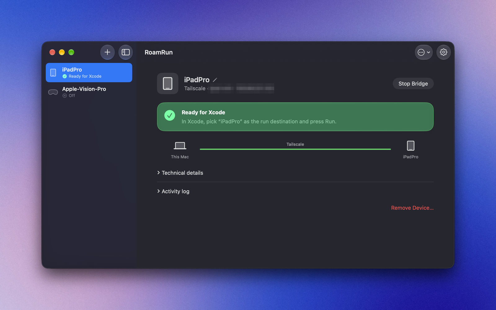 RoamRun main window: an iPad ready for Xcode over Tailscale